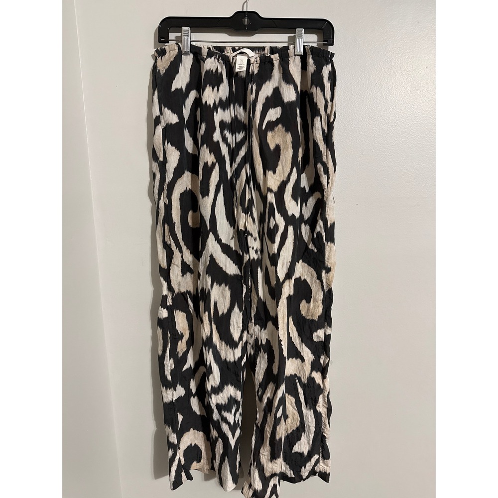 H&M Women Small Black Cream Ikat Abstract Print Wide Leg Drawstring Pants